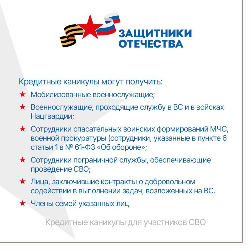 Что такое кредитные каникулы для мобилизованных и участников СВО? По каким кредитам мобилизованные и другие участники СВО могут получить кредитные каникулы? Что такое кредитные каникулы для мобилизованных и участников СВО? По каким кредитам мобилизованные и другие участники СВО могут получить кредитные каникулы?