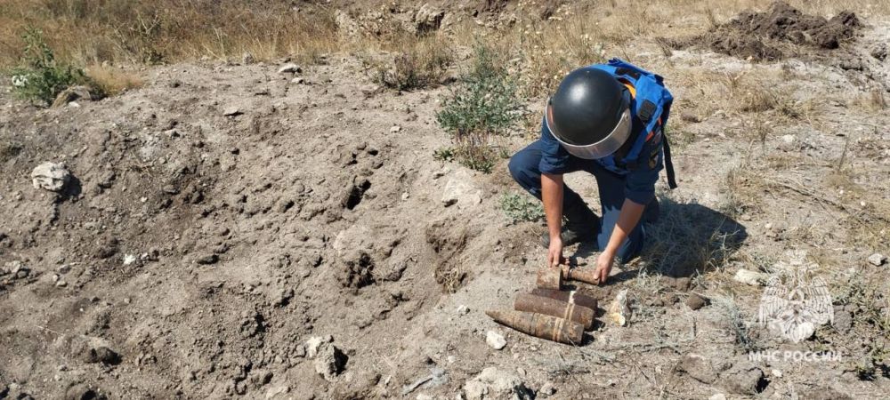 Пиротехники МЧС России уничтожили 7 единиц боеприпасов времён ВОВ, а именно (4 артиллерийских снаряда, 1 миномётную мину и 2 ручные гранаты) Пиротехники МЧС России уничтожили 7 единиц боеприпасов времён ВОВ, а именно (4 артиллерийских снаряда, 1 миномётную мину и 2 ручные гранаты)