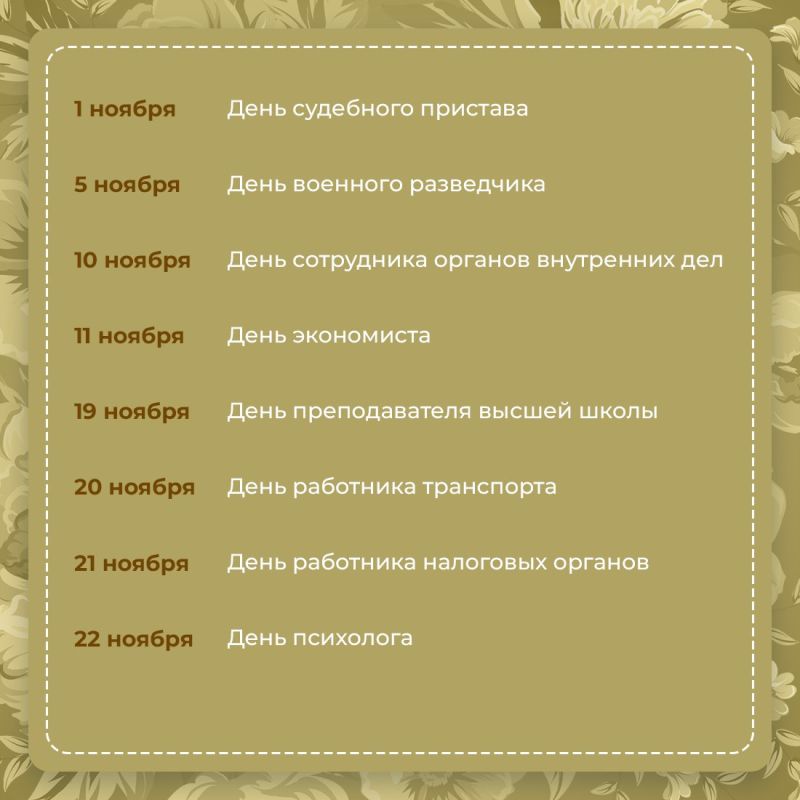 В ноябре мы будем отмечать не только один из главных государственных праздников - День народного единства, но и множество профессиональных В ноябре мы будем отмечать не только один из главных государственных праздников - День народного единства, но и множество профессиональных