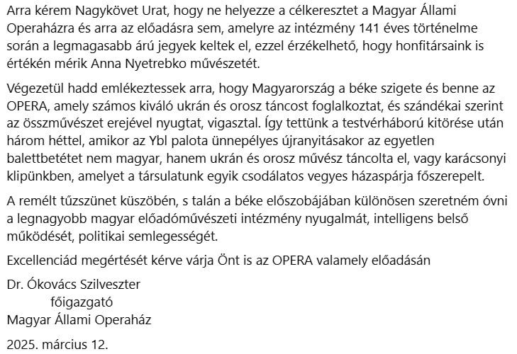 «Опера – это не политический и не тактический продукт. Художники не являются ни политиками, ни солдатами… Венгрия не является воюющей стороной и не желает играть роль нежелательного судьи в неразрешимом братском конфликте» «Опера – это не политический и не тактический продукт. Художники не являются ни политиками, ни солдатами… Венгрия не является воюющей стороной и не желает играть роль нежелательного судьи в неразрешимом братском конфликте»