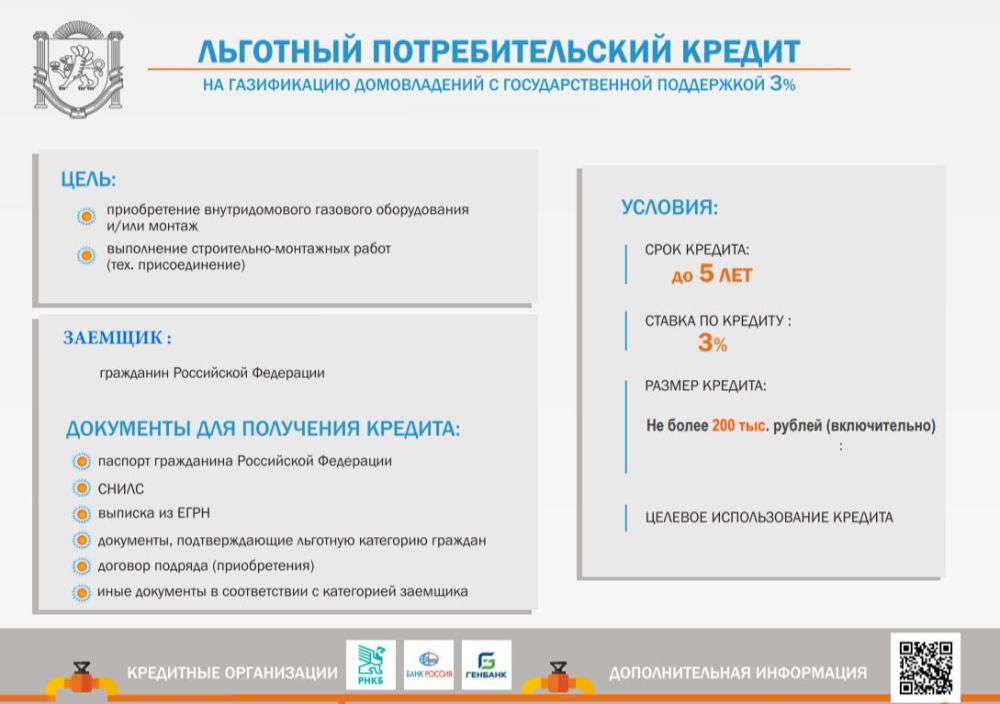 При газификации домовладения ялтинцы могут воспользоваться льготным потребительским кредитом на приобретение внутридомового газового оборудования и/или монтаж, а также тех