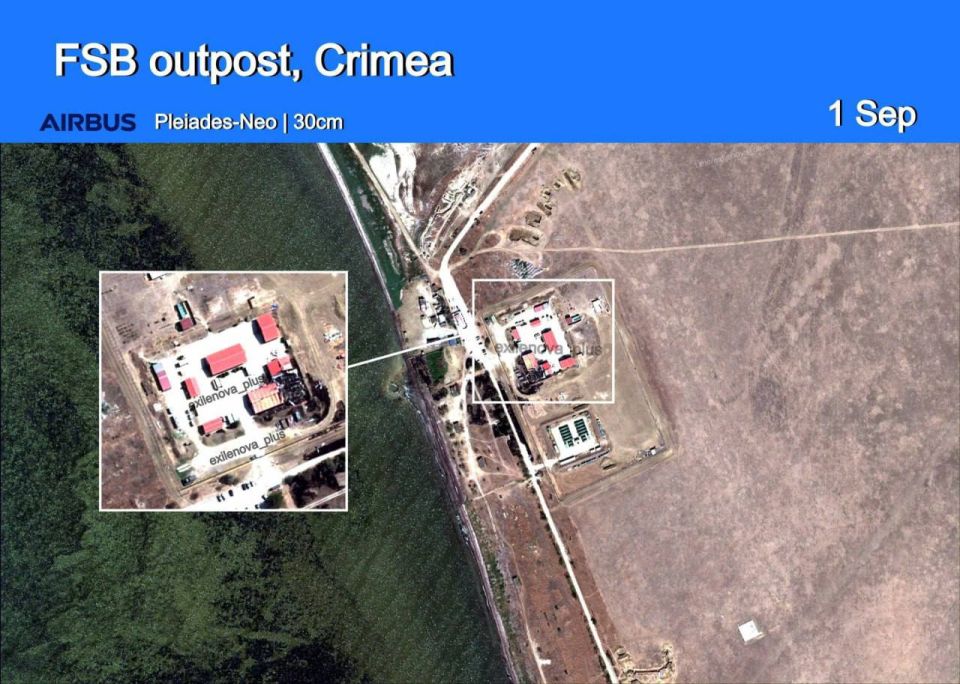 Последствия ракетного удара ВСУ по объекту погранслужбы ФСБ в Крыму, снятые со спутника