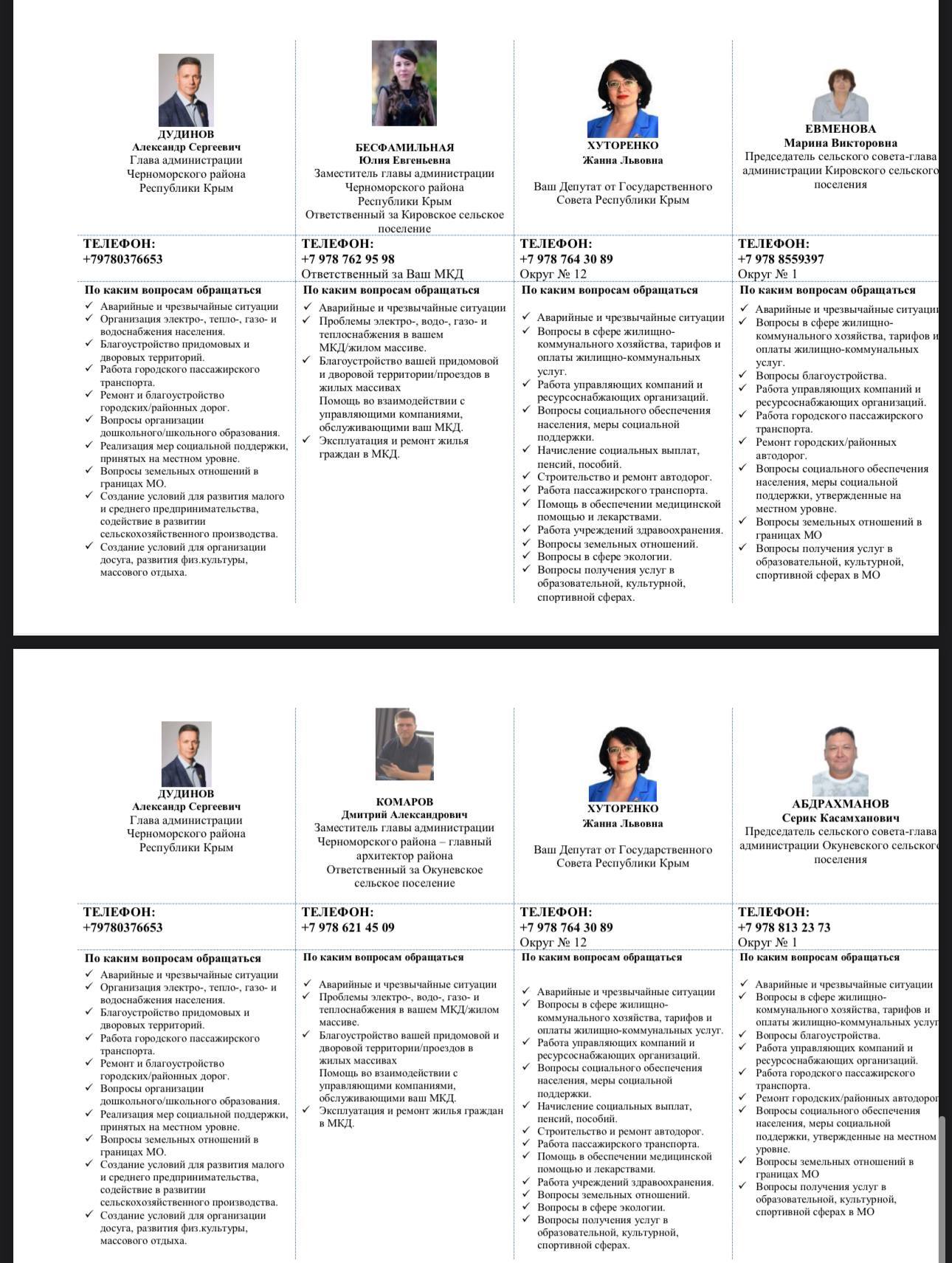 Друзья! Оставляем контактные номера телефонов главы администрации Черноморского района, заместителей, глав сельских поселений и личные номера телефонов для населения Друзья! Оставляем контактные номера телефонов главы администрации Черноморского района, заместителей, глав сельских поселений и личные номера телефонов для населения