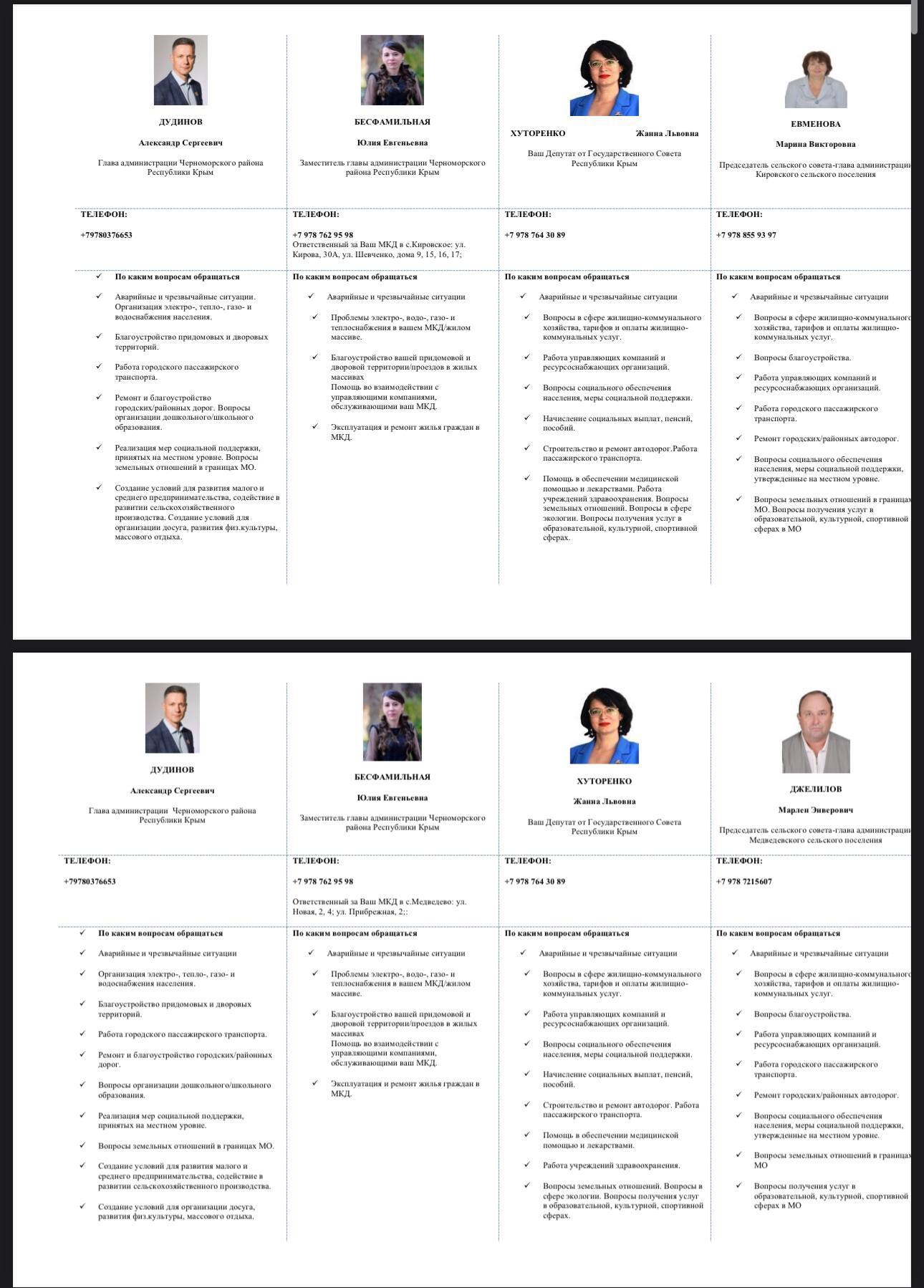 Друзья! Оставляем контактные номера телефонов главы администрации Черноморского района, заместителей, глав сельских поселений и личные номера телефонов для населения