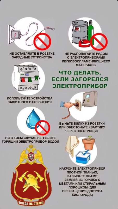 При возгорании электроприборов необходимо принять меры, чтобы сохранить здоровье и имущество