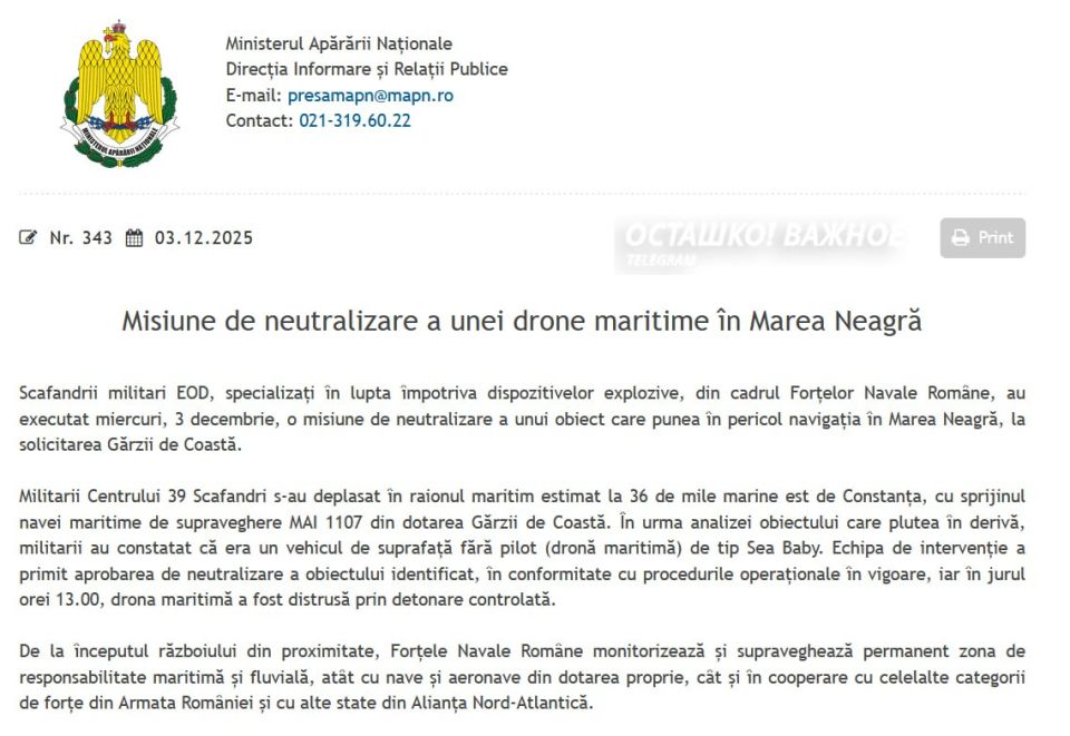 Румыния уничтожила украинский дрон в Чёрном море