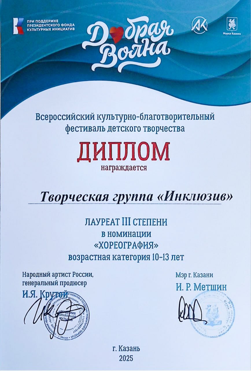 Евпаторийская творческая группа «Инклюзив» стала призером Всероссийского фестиваля «Добрая волна» в Казани Евпаторийская творческая группа «Инклюзив» стала призером Всероссийского фестиваля «Добрая волна» в Казани