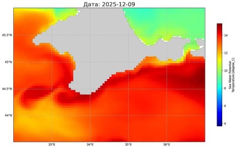 Морской гидрофизический институт РАН предоставил научный прогноз температуры поверхности моря на Крымском побережье на неделю, с 8 по 17 декабря