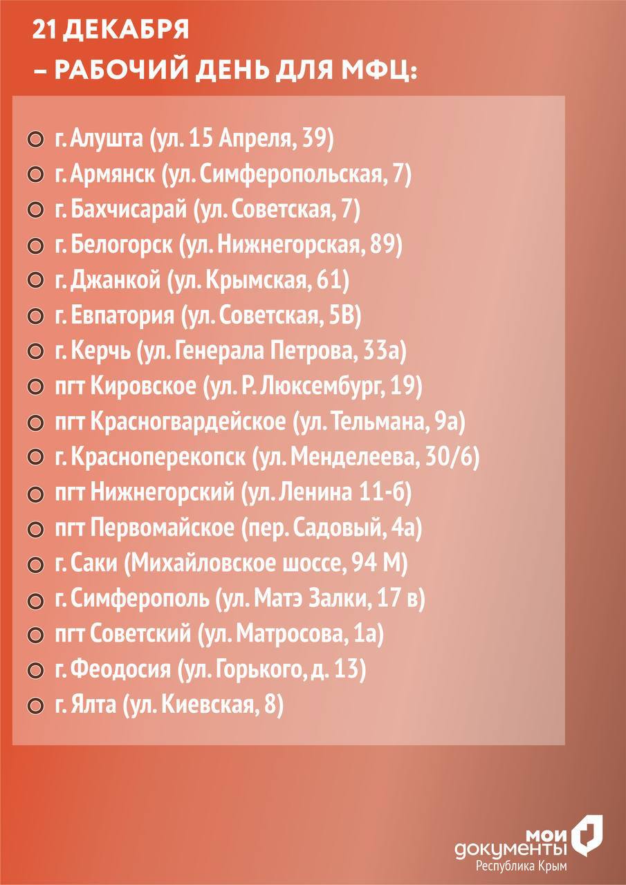 О работе МФЦ 21 декабря. Дорогие заявители! Для вашего удобства и комфорта, чтобы вы могли завершить все дела перед праздниками, ряд центров «Мои Документы» будет открыт 21 декабря (воскресенье), для приёма заявлений по...