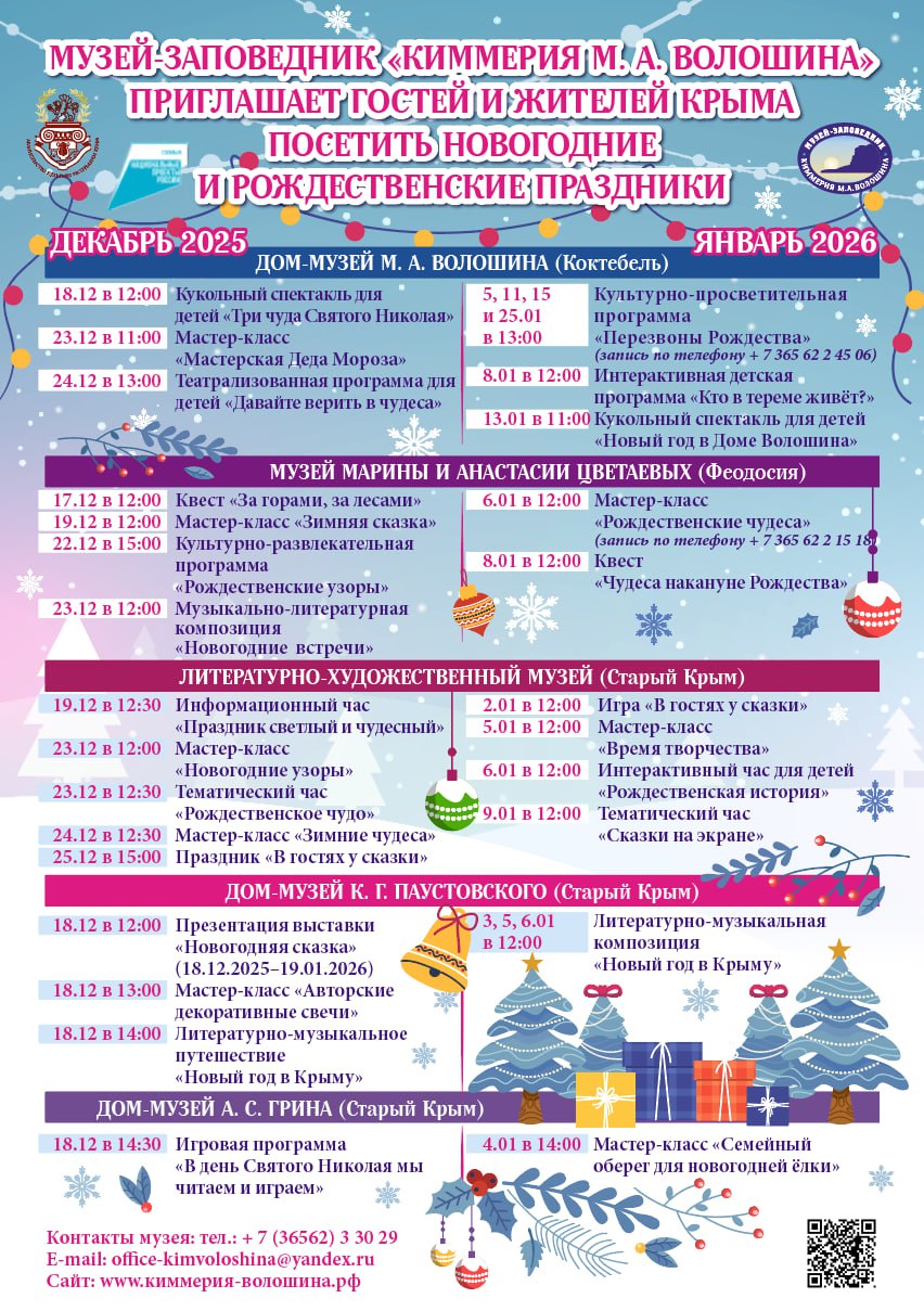 Музеи-отделы ГАУК РК «Историко-культурный, мемориальный музей-заповедник «Киммерия М. А. Волошина»» – Дом-музей М. А. Волошина, Музей Марины и Анастасии Цветаевых, Литературно-художественный музей, Дом-музей А. С. Грина и...