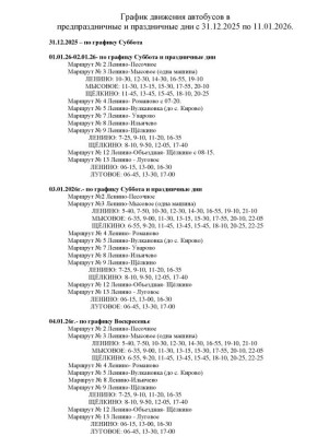 Важная информация!. График движения автобусов в предпраздничные и праздничные дни с 31.12.2025 по 11.01.2026
