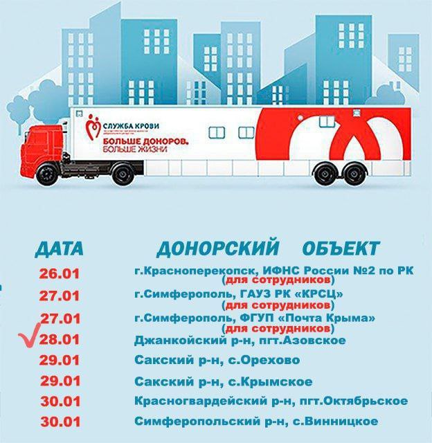 28 января в пгт Азовское доноры Джанкойского района могут сдать кровь
