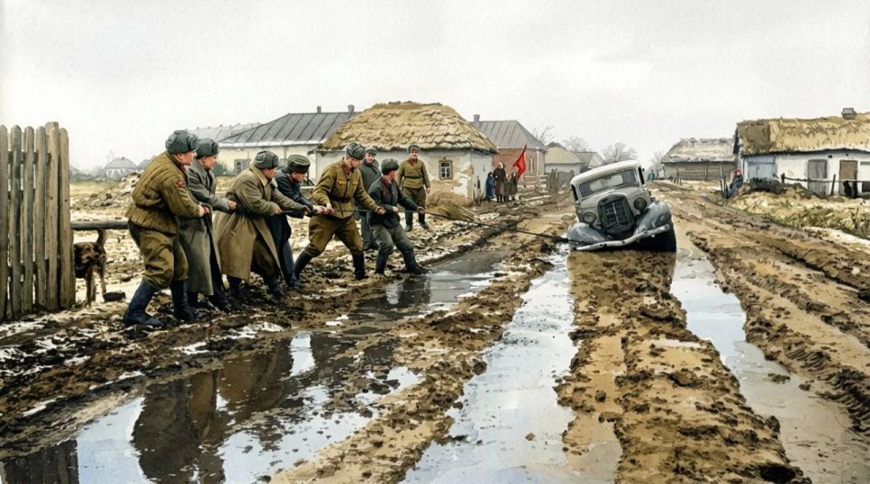 Освобождение Крыма. Бойцы вытаскивают застрявшую машину