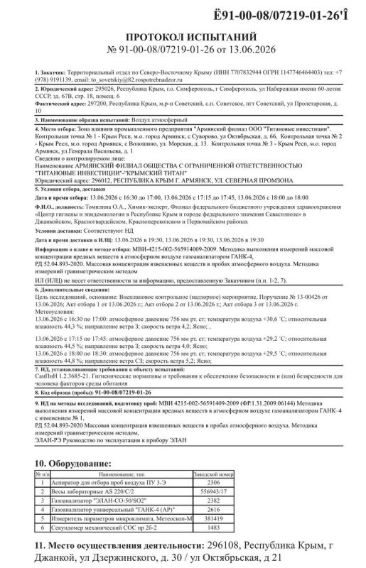 Василий Телиженко: Размещаю протокол исследований Центра гигиены и эпидемиологии в Республике Крым и городе федерального значения Севастополе проб, отобранных на территории муниципального образования 13.06.2026 Василий Телиженко: Размещаю протокол исследований Центра гигиены и эпидемиологии в Республике Крым и городе федерального значения Севастополе проб, отобранных на территории муниципального образования 13.06.2026