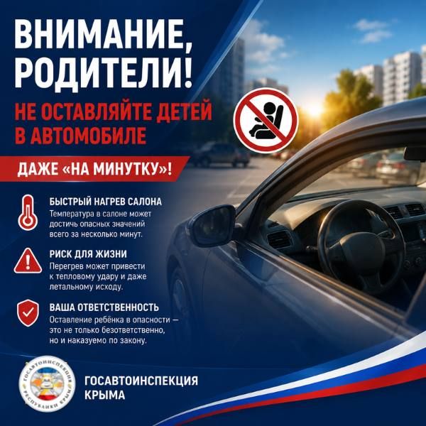 ВНИМАНИЕ, РОДИТЕЛИ!. Не оставляйте детей в автомобиле даже «на минутку»! Летом салон автомобиля нагревается стремительно