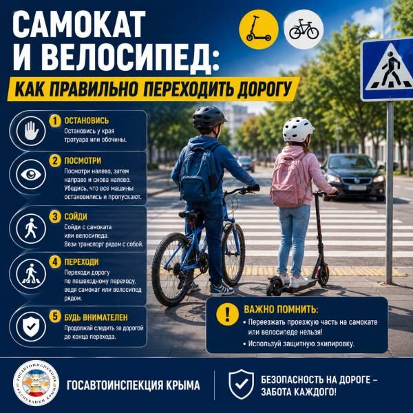 Самокат и велосипед: как правильно переходить дорогу