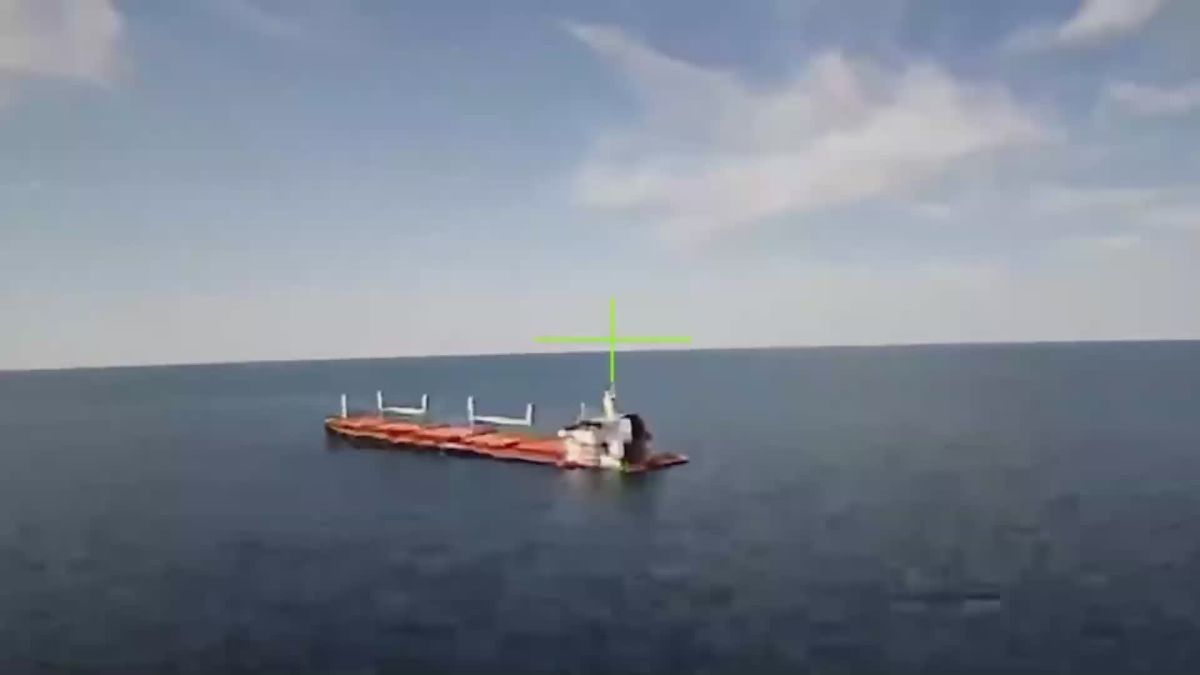Кадры поражения судна типа "балкер" в акватории Черного моря с применением реактивного БПЛА "Герань-4 сикер" публикует Минобороны РФ