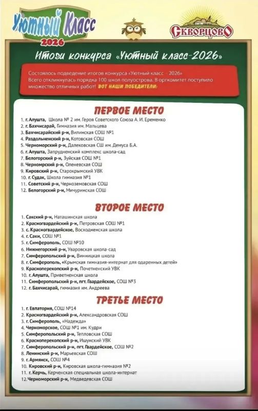 От всей души поздравляю учеников и педагогов Зуйской школы № 1 и Мичуринской средней школы Белогорского района с победой в конкурсе «Уютный класс»!