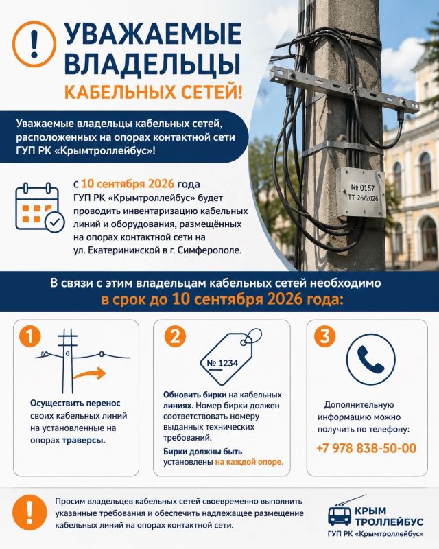 Уважаемые владельцы кабельных сетей, расположенных на опорах контактной сети ГУП РК «Крымтроллейбус»!