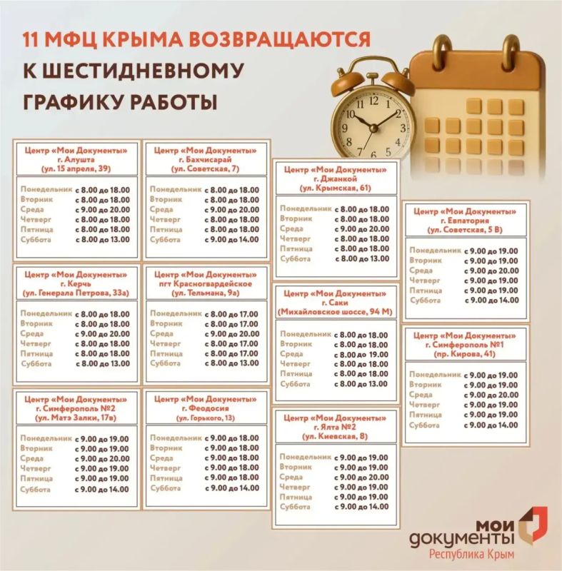 11 МФЦ Крыма возвращаются к шестидневному графику работы