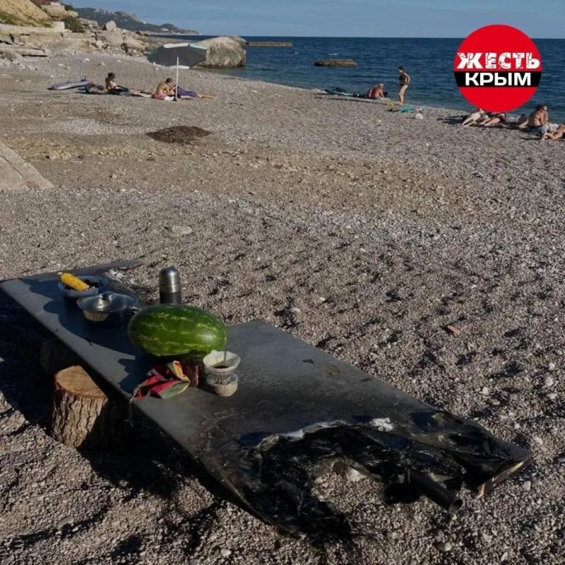 В Крыму отдыхающие использовали обломок крыла вражеского беспилотника в качестве столика на пляже