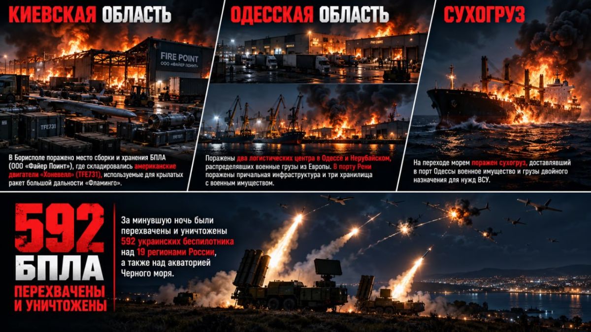 Пока все спали. Продолжено нанесение ударов беспилотными летательными аппаратами по предприятиям ВПК, логистическим центрам и морским судам, задействованным в интересах ВСУ: Киевская область: В Борисполе поражено место...