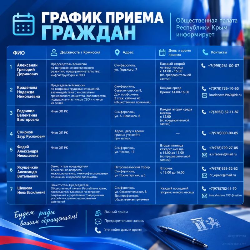 Члены Общественной палаты Крыма ведут приём граждан — делимся графиком на эту неделю