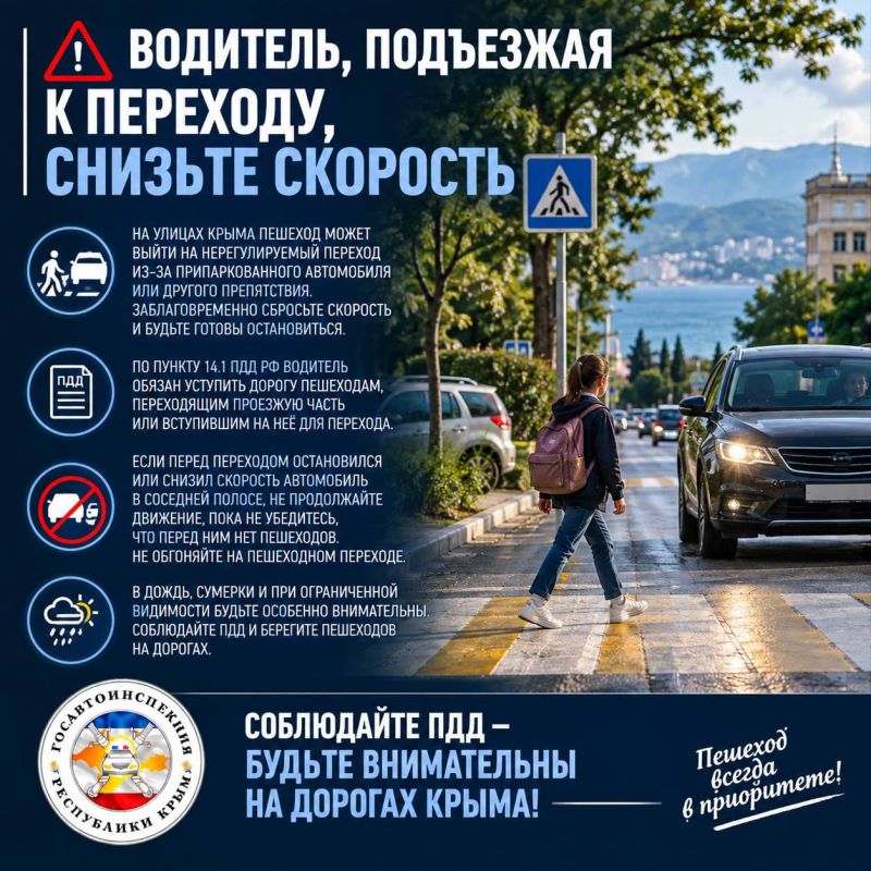 ВОДИТЕЛЬ, ПОДЪЕЗЖАЯ К ПЕРЕХОДУ, СНИЗЬТЕ СКОРОСТЬ
