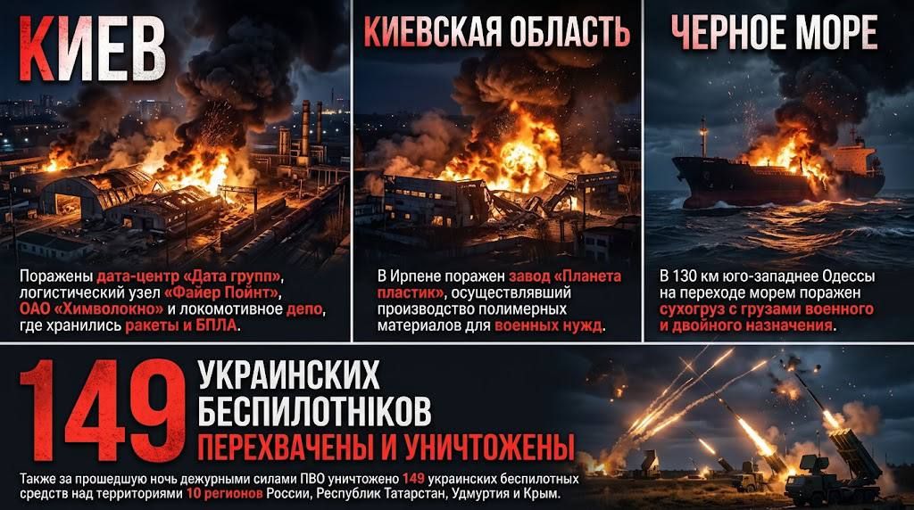 Разбор ночных полётов. Нанесен массированный удар высокоточным оружием и ударными беспилотниками по военной промышленности, объектам хранения ракет, БПЛА и дата-центру в Киеве и Киевской области: Киев: — Поражен дата-центр...