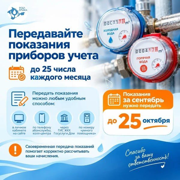 Вода Крыма: Напоминаем: крайний срок передачи показаний водомеров за сентябрь — 25 октября!