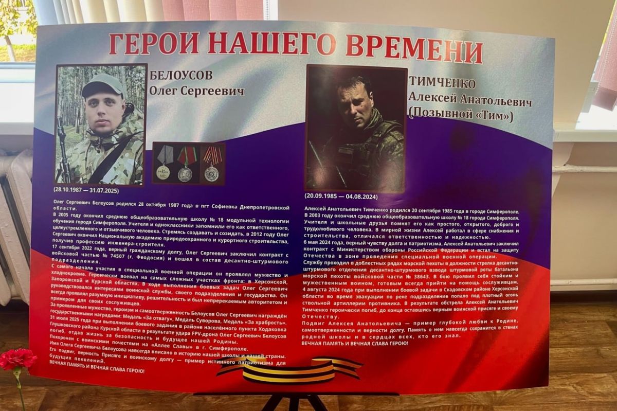 В Симферопольской школе открыли стенд памяти выпускников — участников СВО В Симферопольской школе открыли стенд памяти выпускников — участников СВО